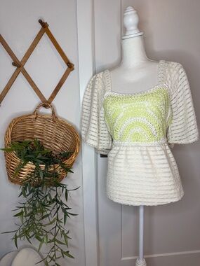 Anthropologie Sarah Hann Crochet Lace Blouse Ivory Green Boho Cottagecore Top